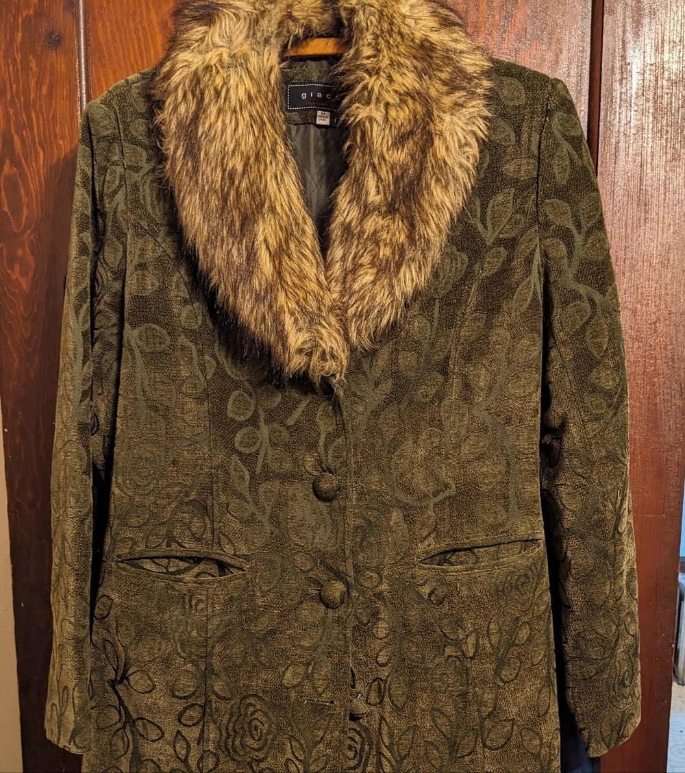 Giacca Vintage Y2K Penny Lane Tapestry Coat Faux Fur Trim Olive Green Jacket M